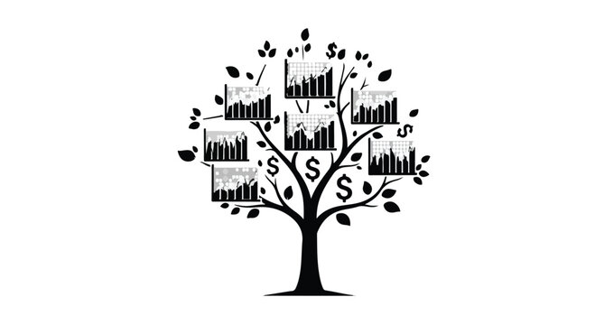 Stylized tree with bar graphs and leaves on branches