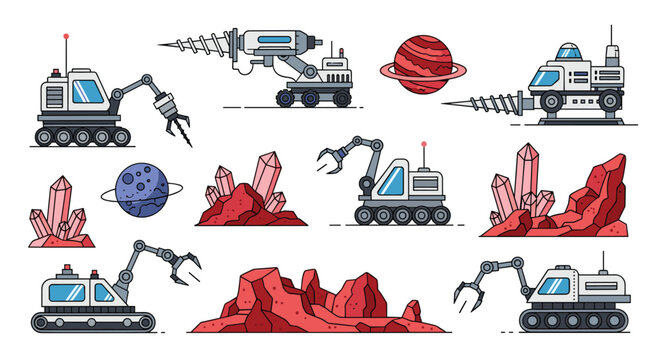 Set of futuristic space mining rovers and machinery exploring alien planets with red rocks, glowing crystals, and ringed planets in the distance.