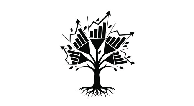Tree of financial growth with rising charts and graphs