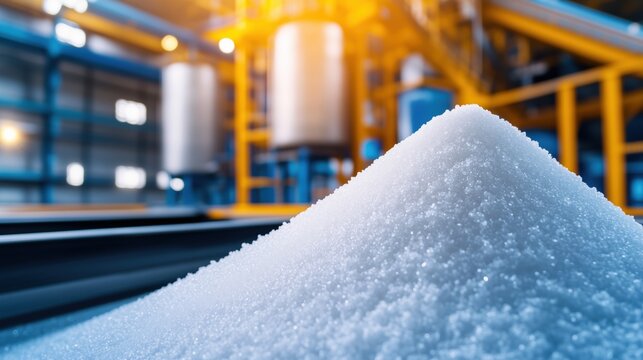 Industrial sugar production with refined white granules at modern factory. Food processing and manufacturing concept