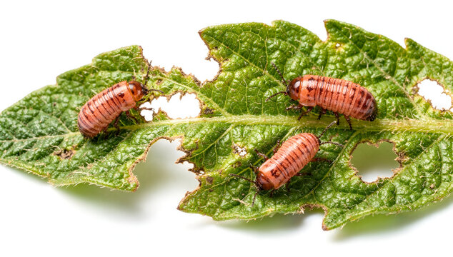 Macro Photo of Colorado Potato Beetle Larvae Devouring Green Leaf with Holes on White Background