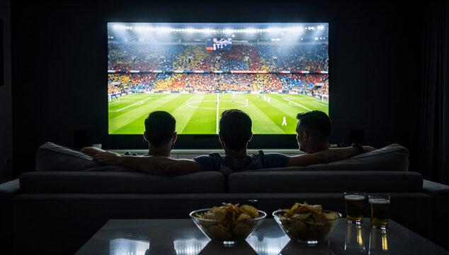 Three Friends Watching Football Match on Large Flat Screen TV at Home Back View