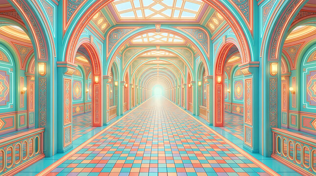 Majestic architectural corridor featuring intricate mosaic tiling vibrant colors and grand vaulted ceilings design concept