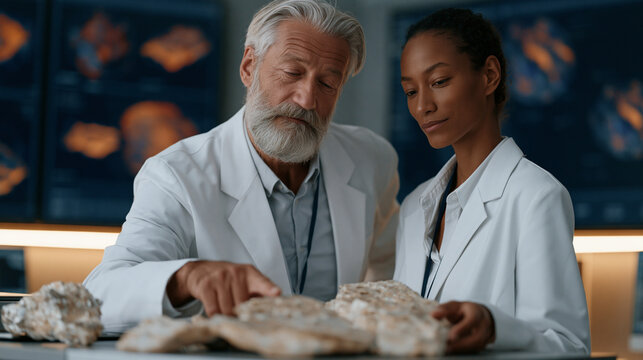 Geologist and mining engineer examining glassy metalite core samples extracted from meteorite fragments on a laboratory examination table, surrounding walls covered in spectral