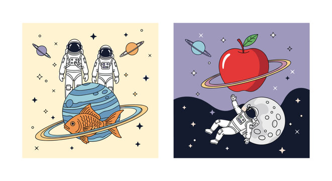 Surrealistic space illustration set with astronauts fishing on a planet and an astronaut reaching for a giant apple planet.