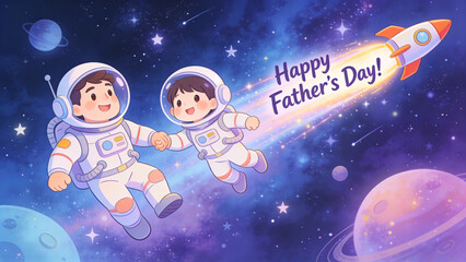 Fototapeta premium Father and child astronauts in space with Happy Father's Day text