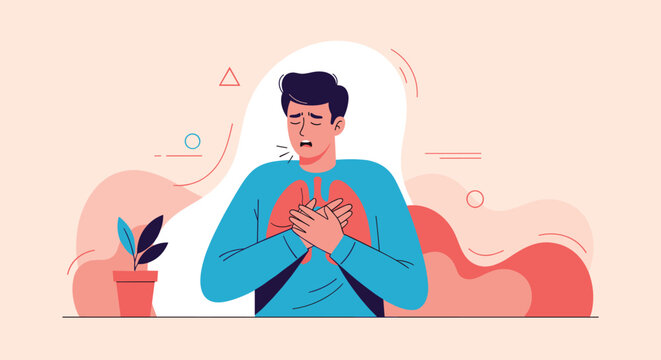 Illustration of a man holding his chest in pain showing inflamed lungs, representing illness, asthma, or heart attack.