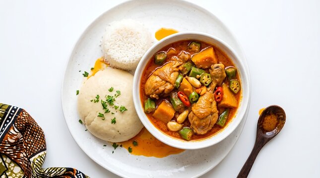 Traditional African dish with chicken stew and ugali on a white plate