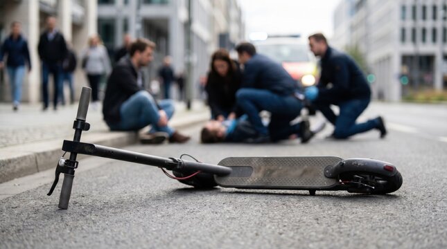 Electric scooter lying on a city street after a rider fall, with an injured person in the background. E-scooter safety, urban mobility risks, traffic accident and personal injury concept