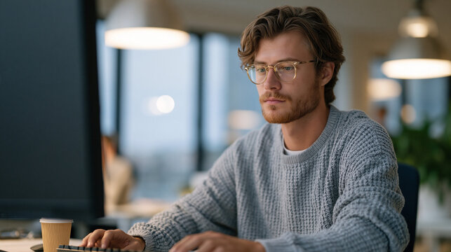 Developer in modern open workspace testing multimodal AI system responding to simultaneous voice, image, and text inputs on large format touchscreen, coffee cooling beside