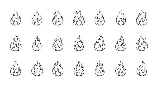 Grid of simple fire icons in various styles of line art shows small flames for design elements or safety symbols on white.