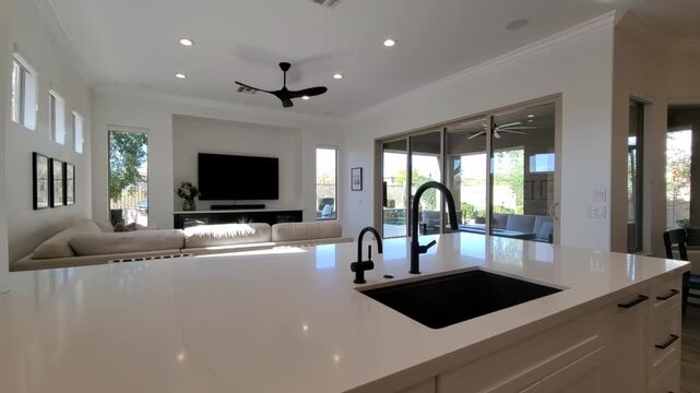 Bright modern kitchen with open living area and glass doors