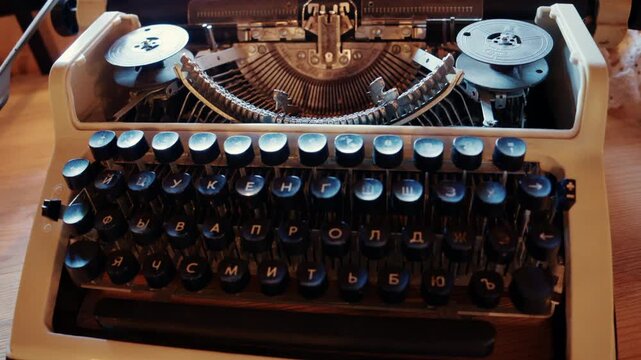 Close up of a classic mechanical typewriter with Cyrillic alphabet keys