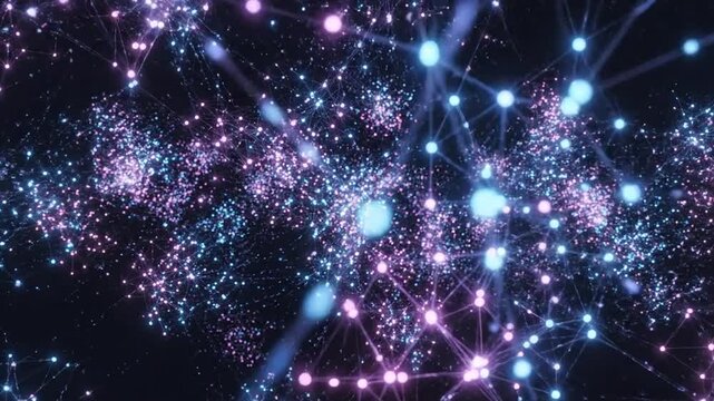 A complex network of glowing blue and pink particles and nodes connected by thin lines against a dark background, representing a digital network, data visualization, or abstract scientific concept