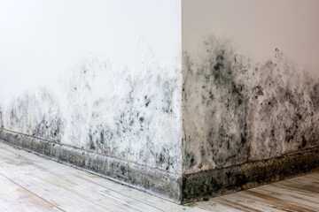 Naklejka premium Mold growth on wall and floor corner in indoor space during daylight hours