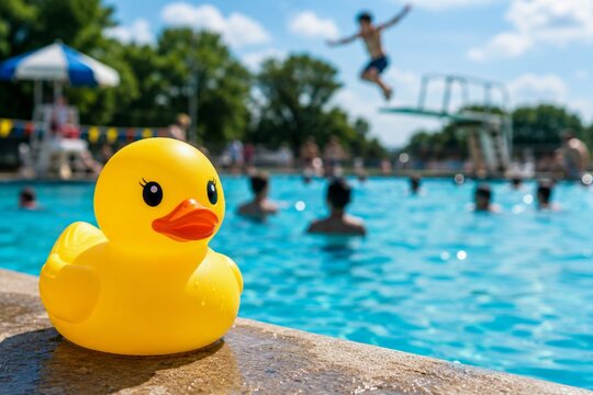 Yellow Rubber Duck Toy by Sunny Swimming Pool with Summer Fun Background