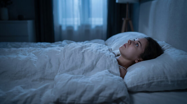 Woman stares at the ceiling while lying in bed during the quiet hours of a dark and sleepless night.