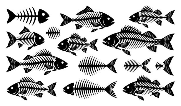 Collection of fish skeletons and whole fish black silhouettes pattern vector