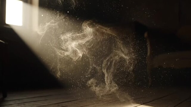 Dramatic sunbeam piercing through darkness to illuminate swirling dust particles and ethereal smoke-like formations on a rustic wooden floor creating a mystical and magical atmosphere Keywords