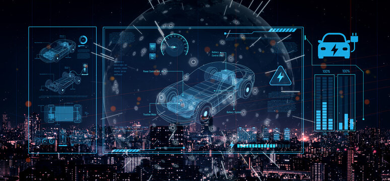 Technical layout of electric vehicle showing battery system, power control, traction motor, charging interface, and integration with renewable and smart energy sources Vouch