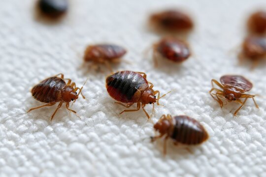 Bed bugs on a textured surface in a close-up view showing the insects in detail and the patterns on their bodies