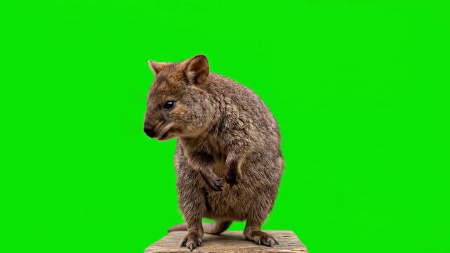 Smiling quokka standing on a wooden platform against a green screen
