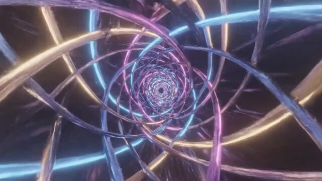 Abstract psychedelic tunnel of swirling colorful glowing lines in pink blue and yellow creating a infinite vortex effect with a dark background Keywords: abstract, tunnel, vortex, swirling