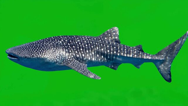 Majestic whale shark swimming against a chroma key green screen