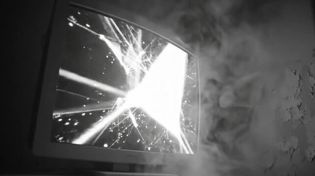 Abstract display crackle and burst of energy on an old television screen in a darkened setting with smoke