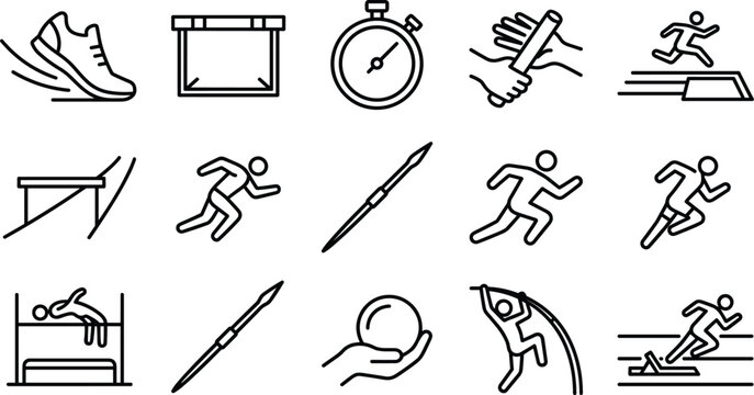 Track And Field Athletics Icon Set Featuring Runner Hurdle Stopwatch Javelin Pole Vault Vector Illustrations