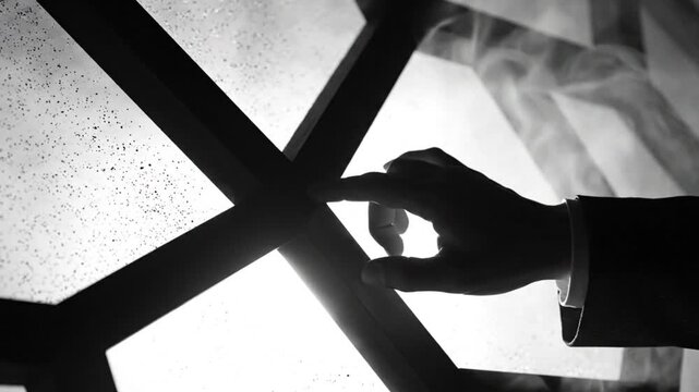 Black and white shot of a hand touching the wooden frame of a window with bright light behind it