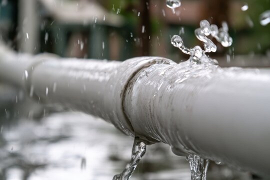 Water flows from a broken pipe in a garden during daylight hours creating splashes and puddles on the ground