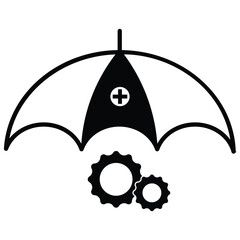 Medical Insurance and Maintenance Protection Icon - Minimalist Umbrella with Healthcare Cross and Gears Symbol © Rongon