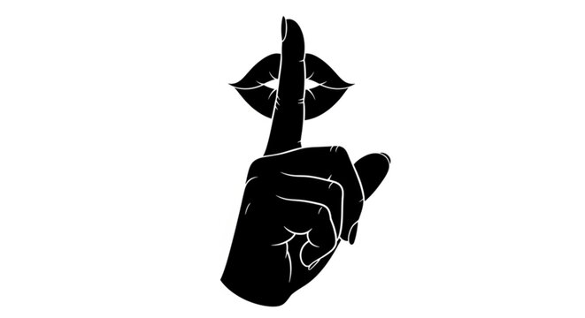 Silhouette of a hand with index finger over lips in a shushing gesture black and white graphic illustration