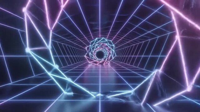 Futuristic neon grid tunnel with glowing pink and blue lines receding into a dark abyss with abstract geometric shapes and a reflective floor creating a sense of digital motion