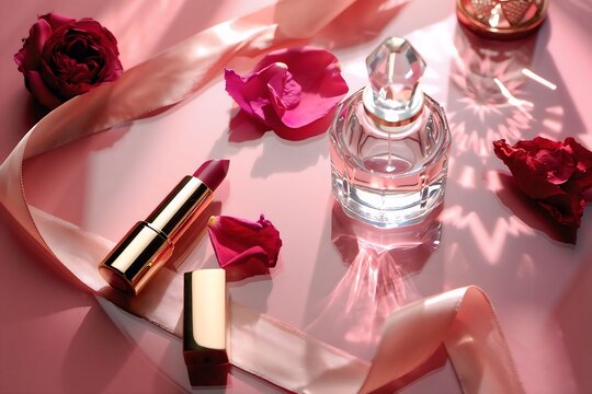 Lipstick and perfume with rose petals on pink surface