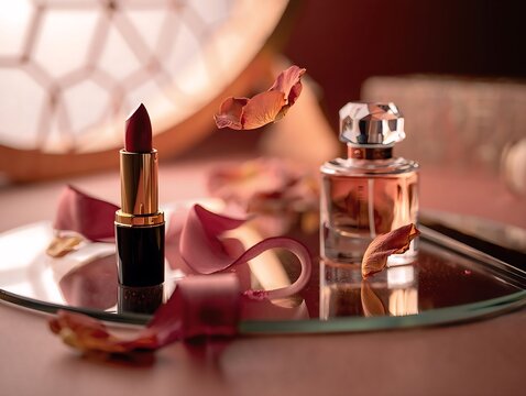 Lipstick and perfume with rose petals on reflective surface