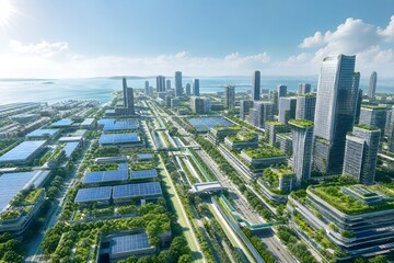Obraz premium Futuristic eco city with green skyscrapers and solar panels, sustainable urban landscape with vertical gardens, aerial view of smart coastal city