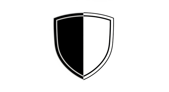 Black and white shield emblem featuring bold outline and split design for security branding