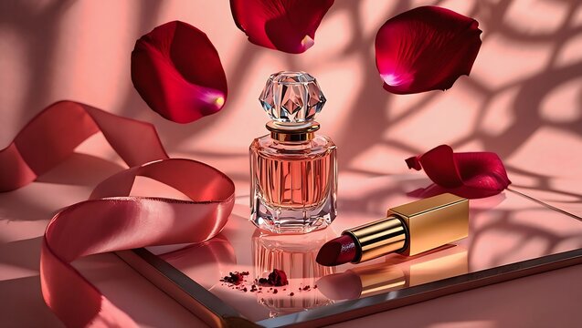 Perfume and lipstick with rose petals on vanity