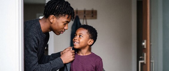 Fototapeta premium Black older brother helping sibling zip jacket before going out, happy African American family bonding at home entrance, caring teen boy dressing younger child in winter coat. Banner crop.