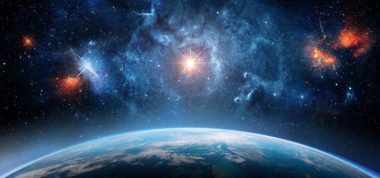 Earth from space with bright stars, colorful nebula and deep cosmic sky above the planet horizon. Futuristic astronomy background with galaxy, universe. Elements of this image furnished by NASA.