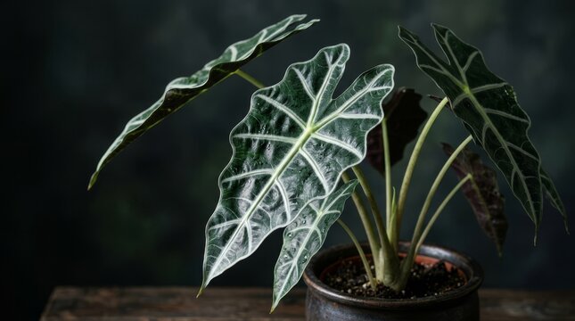 Alocasia Polly houseplant with dark green leaves and prominent white veins.