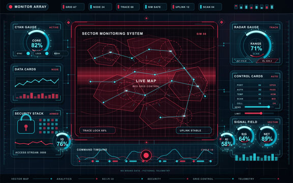 Monitoring system displays real-time data and control options for sector management in a digital interface at night