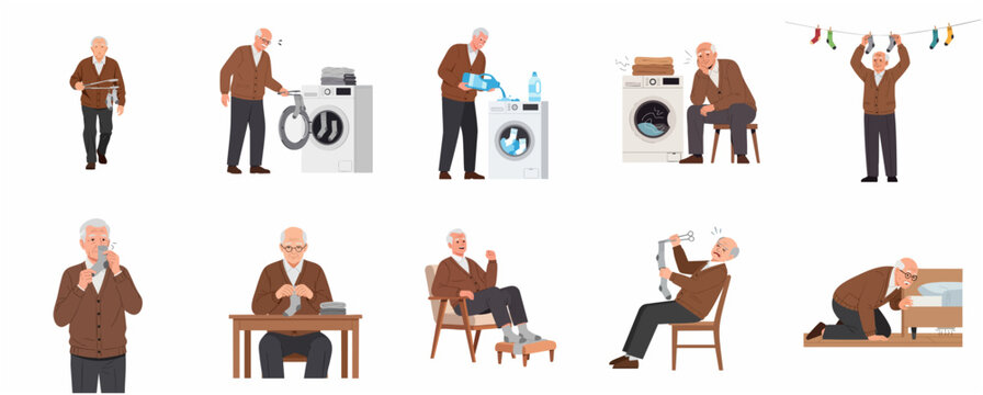 Set of illustrations showing an elderly man performing household chores, laundry, washing and finding socks