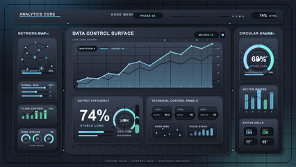 Fototapeta premium Graph shows data control surface with network metrics and output efficiency at 74 percent during phase four
