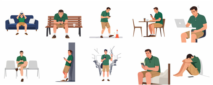 Man suffering from smartphone addiction and digital dependency in various daily life situations, vector illustration of social media obsession and mental health issues.