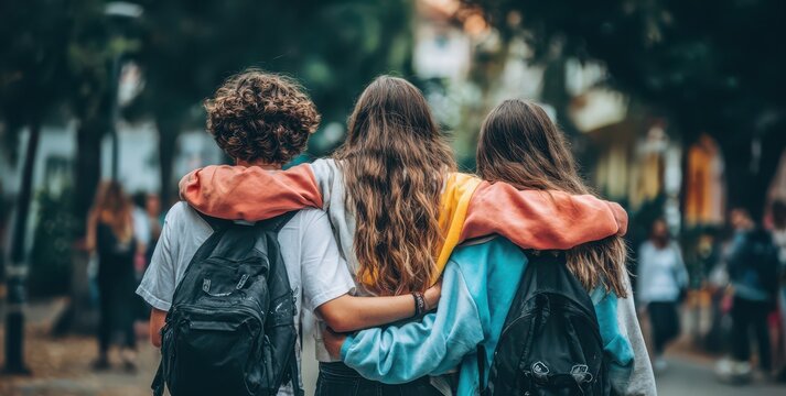 Three young friends standing together with arms around each other outdoors friendship teenagers students backpacks togetherness lifestyle education connection clothing diversity community