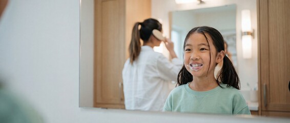 Fototapeta premium Asian girl brushing teeth bathroom mirror reflection with mother in background during healthy morning routine. Dental hygiene care, childhood daily habits, family lifestyle dental health concepts.