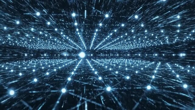 Infinite digital tunnel of glowing blue spheres connected by thin lines, receding into a bright central light source, creating a sense of immense depth and advanced technological progression in a